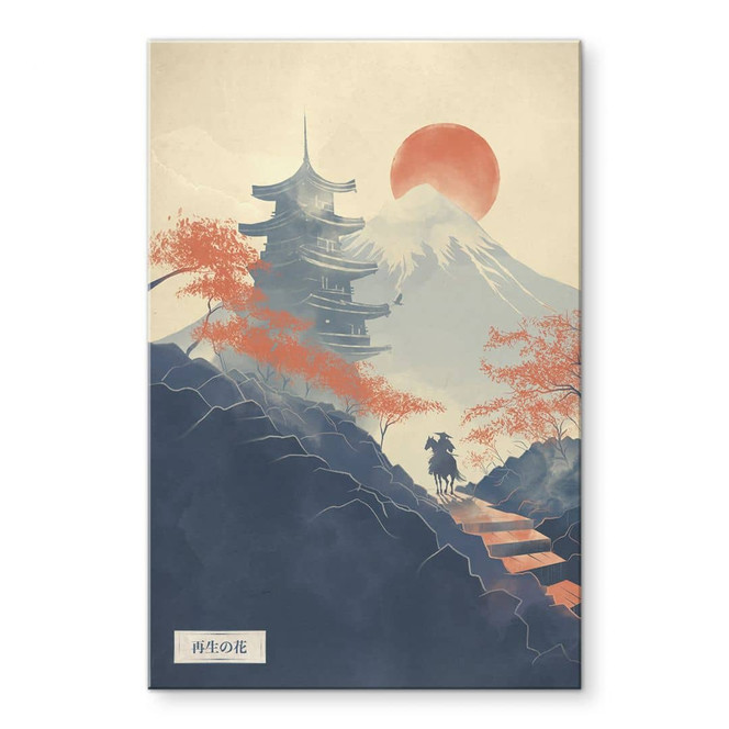 Acrylglasbild Sonnenaufgang über der Pagode | Japan Landschaft - Roze