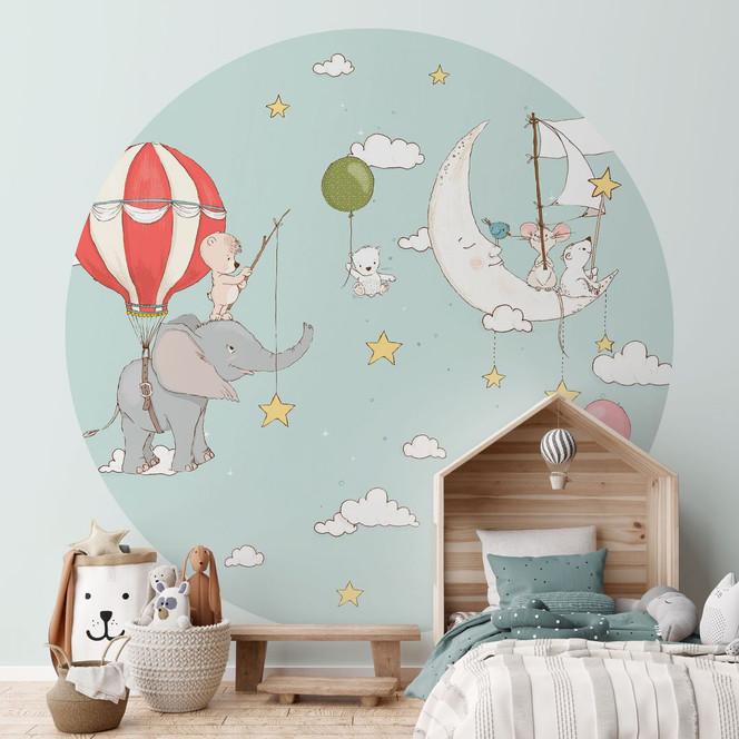 Kinderzimmer Fototapete Fliegende Tiere mit Heissluftballon - Skellern - Rund - Selbstklebend/Vlies