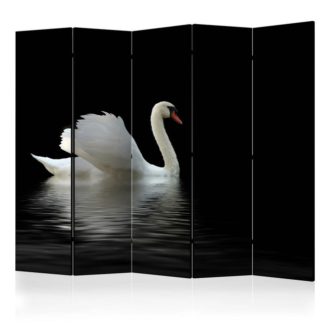 Paravent, Raumteiler freistehend, Trennwand - Schwan in dunkler Reflexion , 5-teilig - 225 x 172 cm