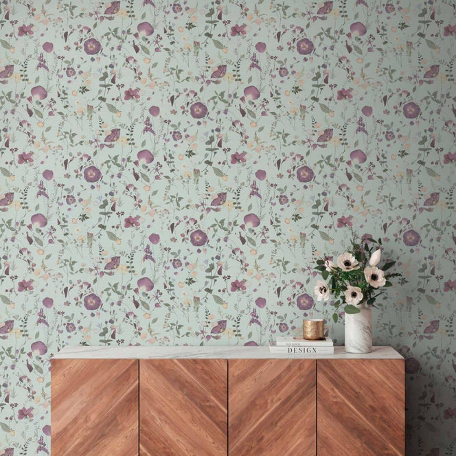 Florale Tapete Blumen Aquarell - Vliestapete in Flieder Grün Creme - Romantische Blumentapete