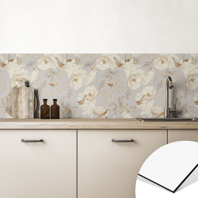 Küchenrückwand Vögel zwischen weissen Blumen - UN Designs