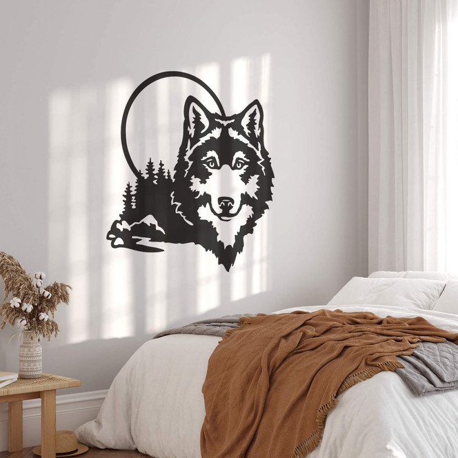 Wandtattoo Wolfskopf vor Mond und Wald