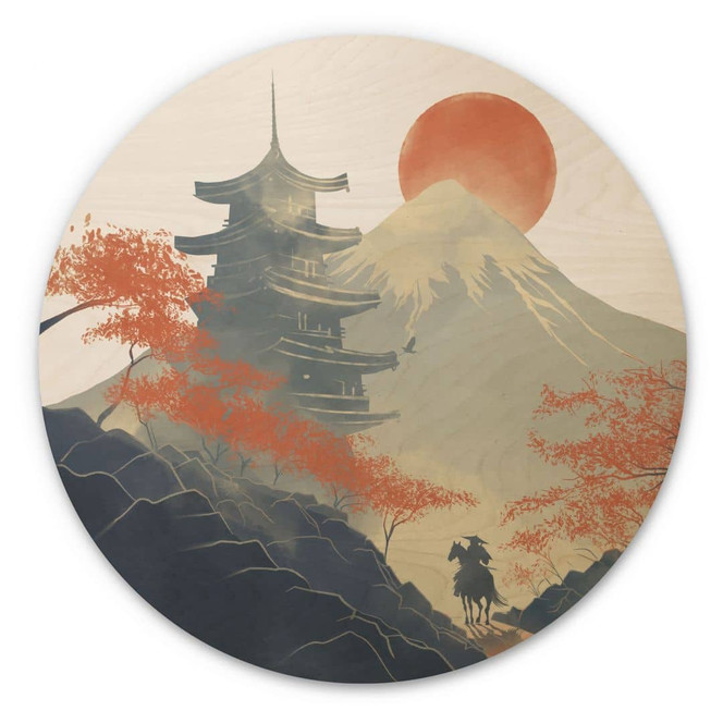 Holzbild Sonnenaufgang über der Pagode - Roze - Rund