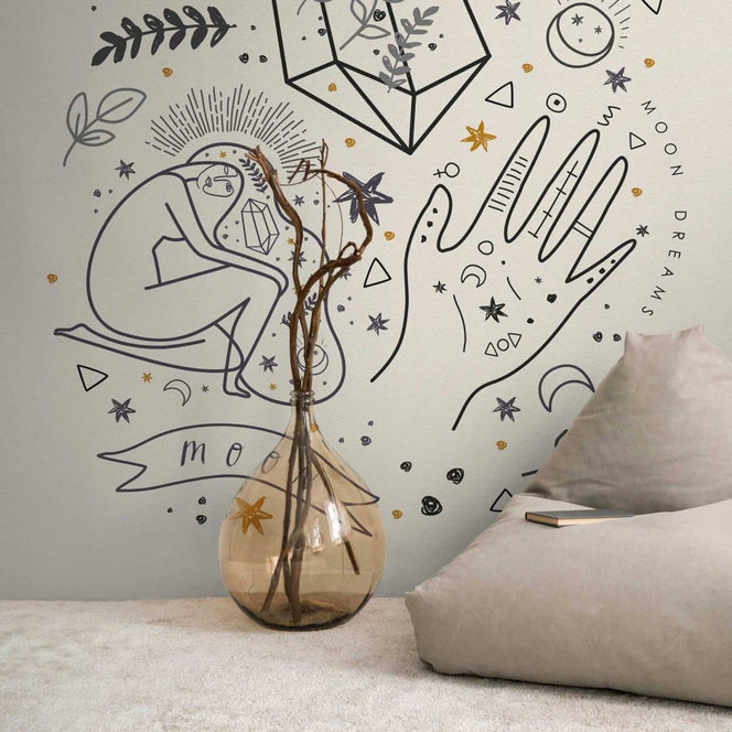 Esoterische Tapete mit Symbolen Beige Schwarz - Vliestapete Mond und Magie - Fototapete