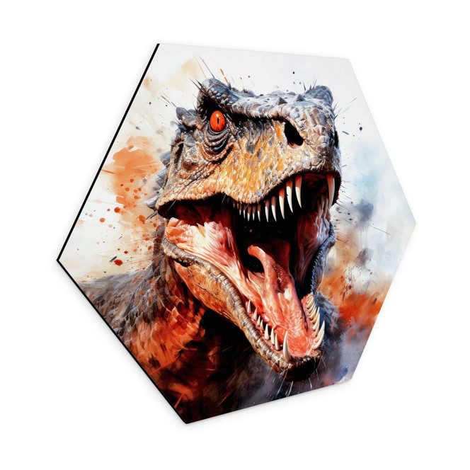 Hexagon Wandbild T-Rex: Das wilde Gesicht der Urzeit - Jaszke - Alu-Dibond