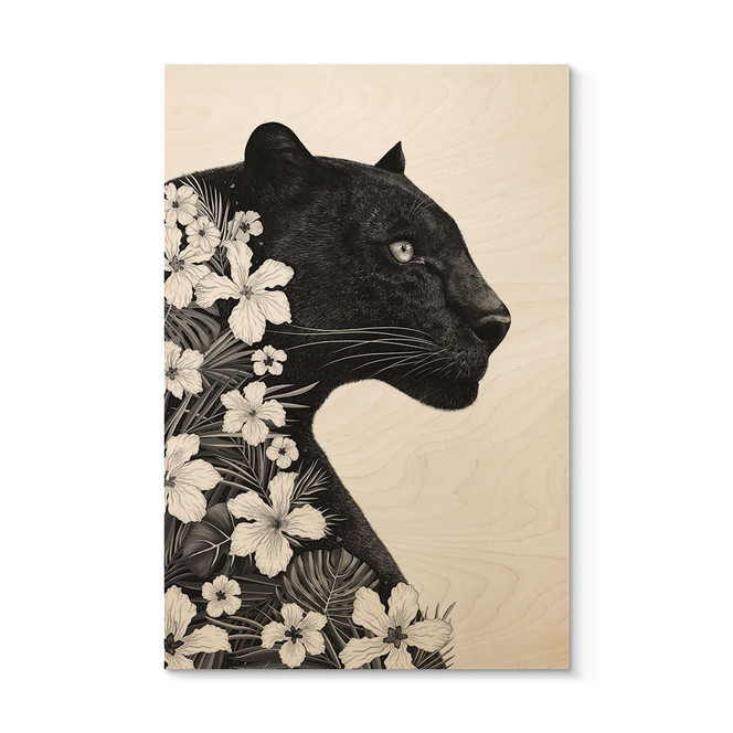 Holzbild Schwarzer Panther mit weissen Blumen - Korenkova
