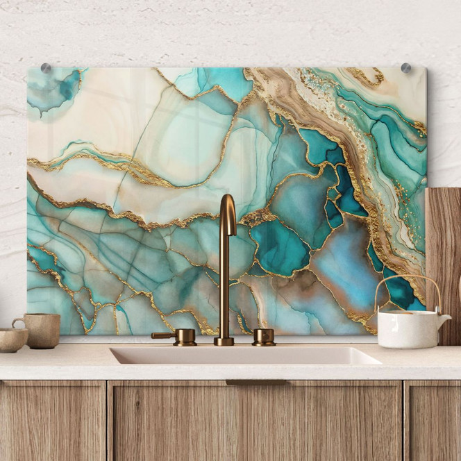 Spritzschutz Marmorierte Wellen in Türkis und Gold - Haase