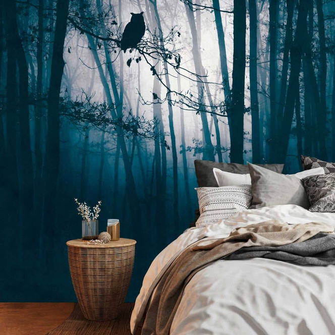 Fototapete Waldnacht Blau Schwarz - Vliestapete Eulenmotiv für Wohnzimmer & Schlafzimmer