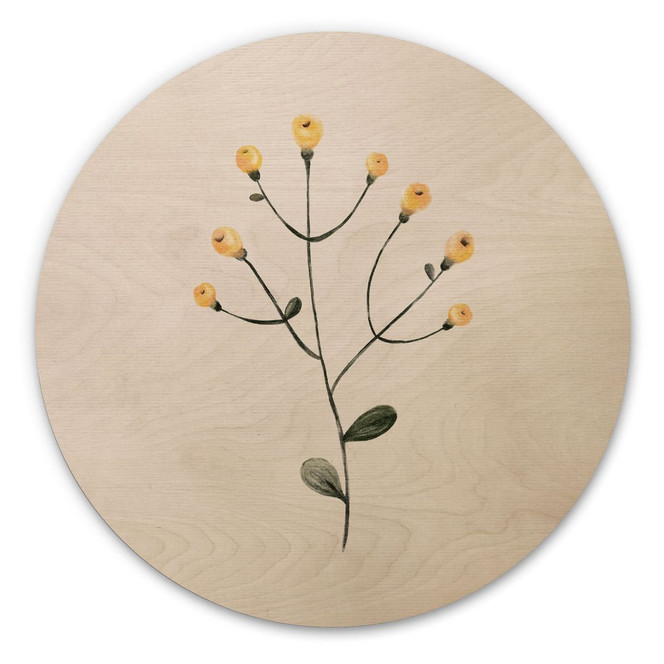 Holzbild Zarte Pflanze mit gelben Blüten - Goed Blauw - Rund