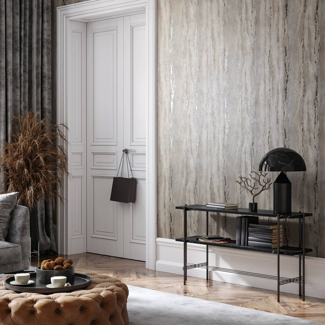 Vliestapete mit glänzender, grober Struktur beige, grau Putzoptik