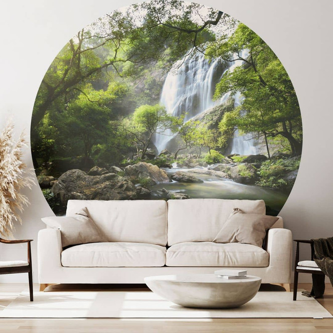 Fototapete Wasserfall im Wald - Landschaftstapete Rund - Foto - Selbstklebend/Vlies