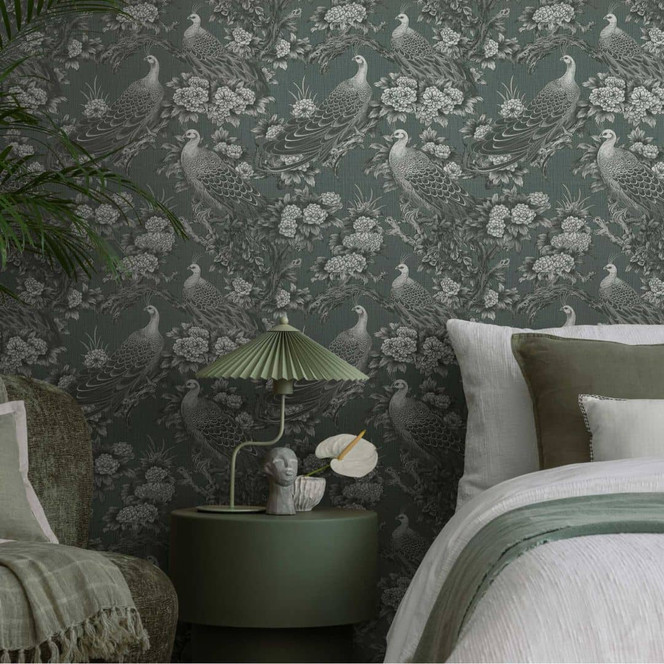 Vogel-Tapete Grau Schwarz - Vliestapete mit exotischen Pfauen und Blumenmotiv