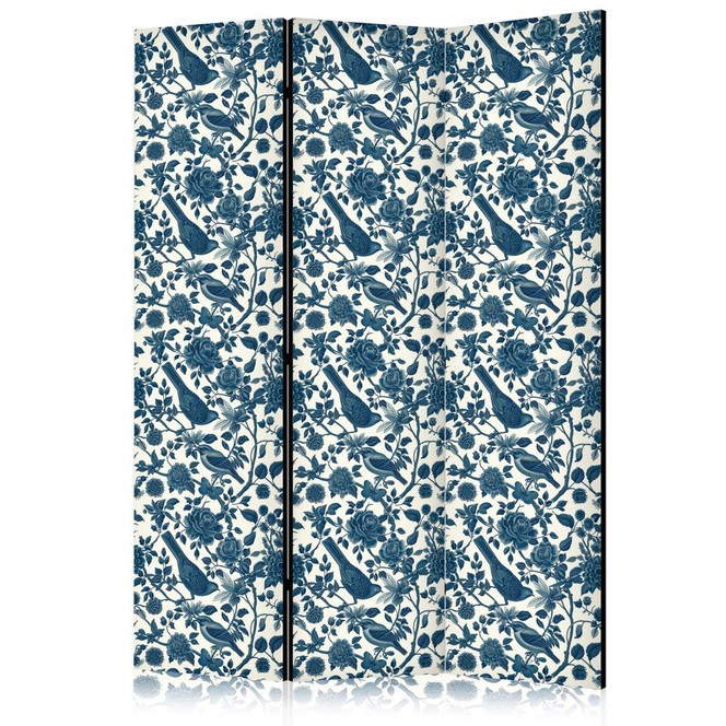Paravent, Raumteiler freistehend, Trennwand - Rose Vines - Monochromatic Blue Birds Resting Among Roses