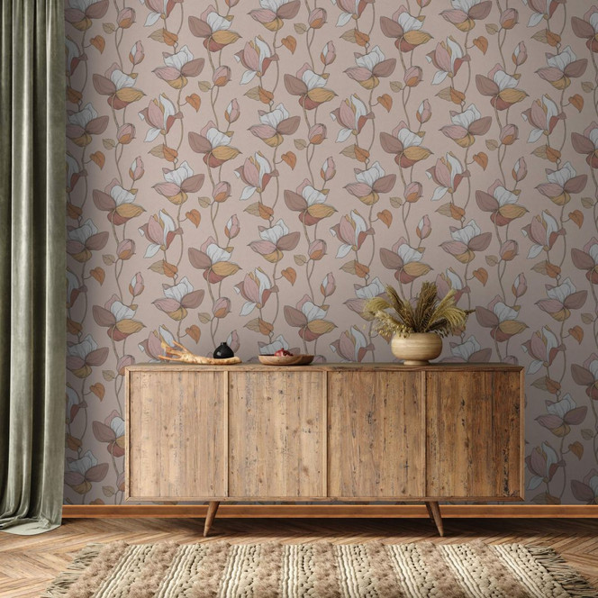 Vliestapete mit Comic-Blumen Look beige, braun Floral