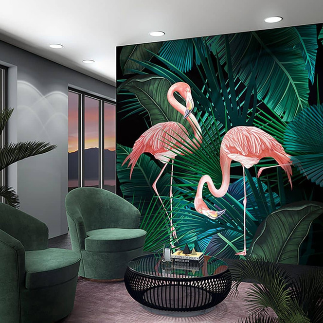 Fototapete mit Flamingos und Pflanzen, Rosa Illustration - 2.70 x 2.65 m