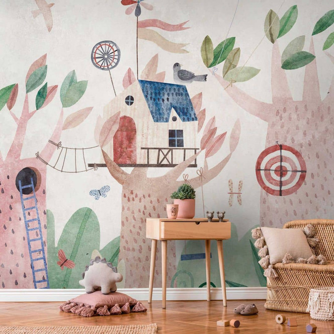 Fototapete Kinderzimmer Baumhaus Bunt - Vliestapete mit Spielplatzmotiv für Babyzimmer