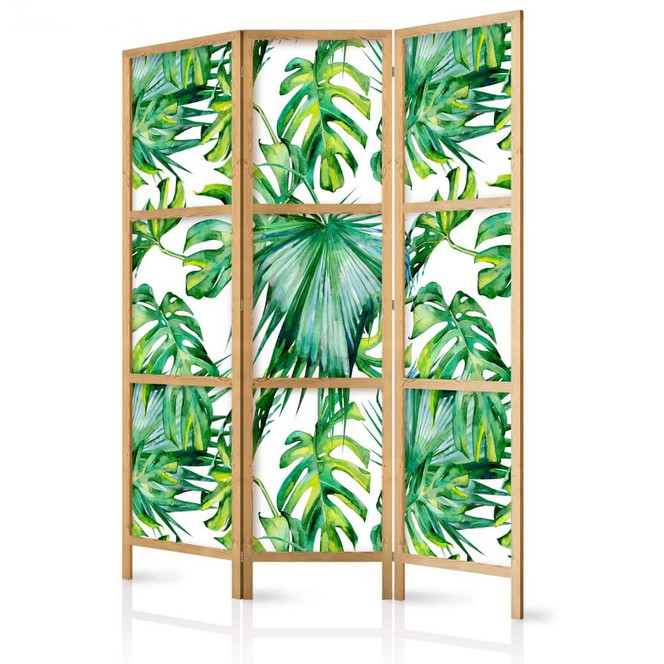 Japanischer Paravent, Raumteiler freistehend, Trennwand - Monstera und Palmblätter