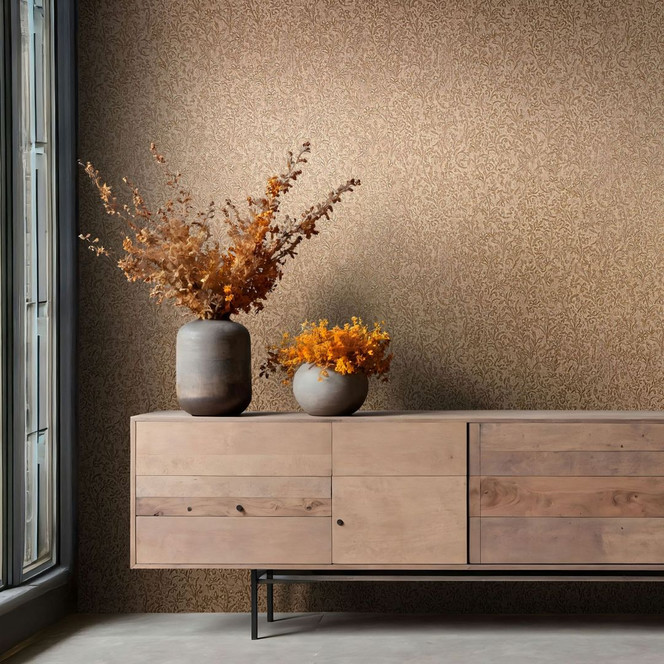 Vliestapete in Braun, Gold Blattmotiv Floral Natur