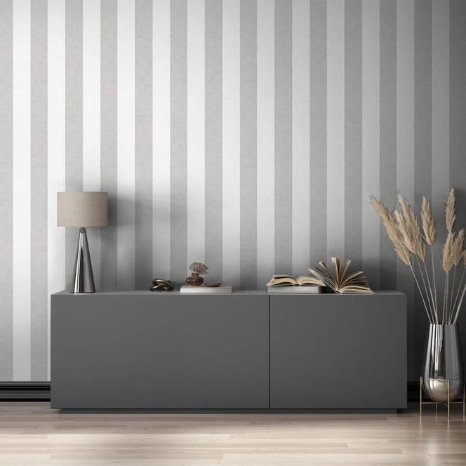 Vliestapete mit Blockstreifen weiss, grau Struktur