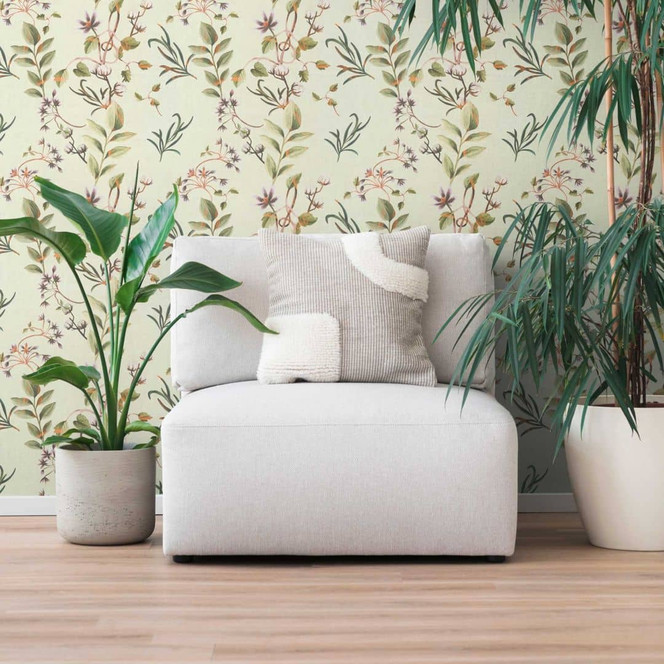 Florale Tapete mit Pflanzen Weiss Grün – Zarte Blüten auf hellem Grund – Vliestapete