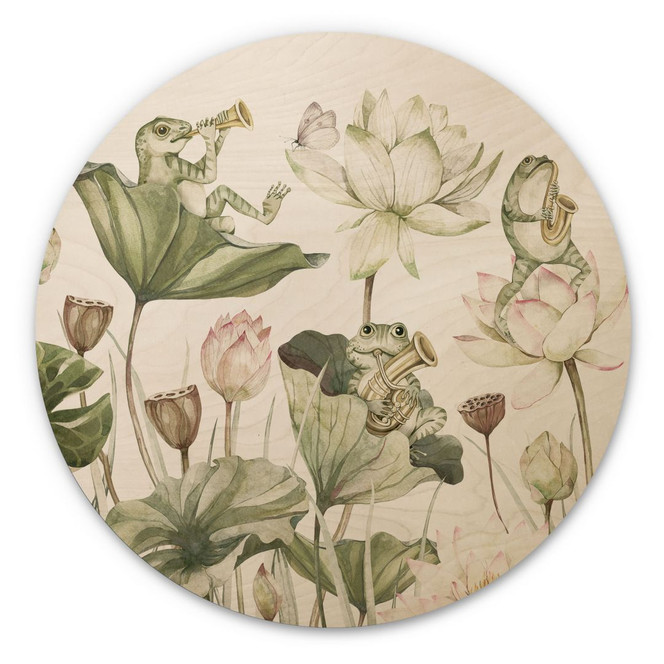 Holzbild Frosch-Orchester auf Seerosen - Kikki Belle - Rund