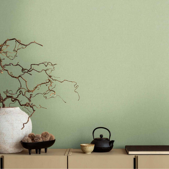 Unitapete in Leinenoptik Salbeigrün – Strukturtapete für zeitlose Eleganz