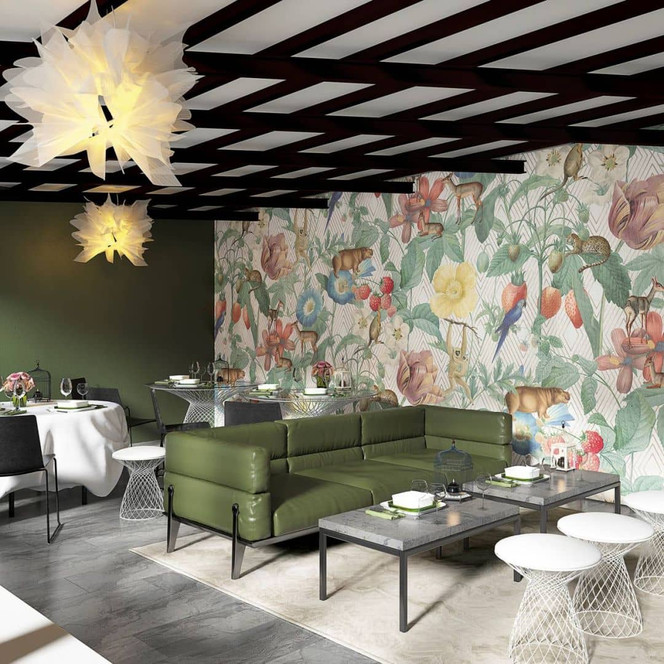 Fototapete mit Tieren und Pflanzen, Beige mit Illustration 2.70 x 2.12 m