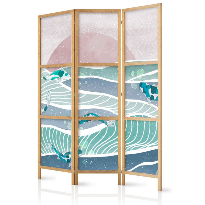 Japanischer Paravent, Raumteiler freistehend, Trennwand - Koi Fish Among Waves