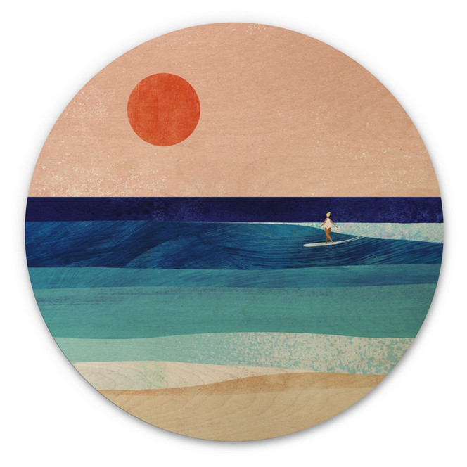 Holzbild Surfer Mädchen beim Sonnenuntergang - Rivers - Rund
