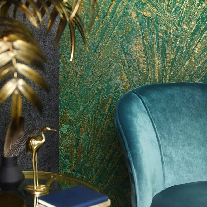 Vliestapete mit Glanz und Fächer-Optik grün, gold Struktur