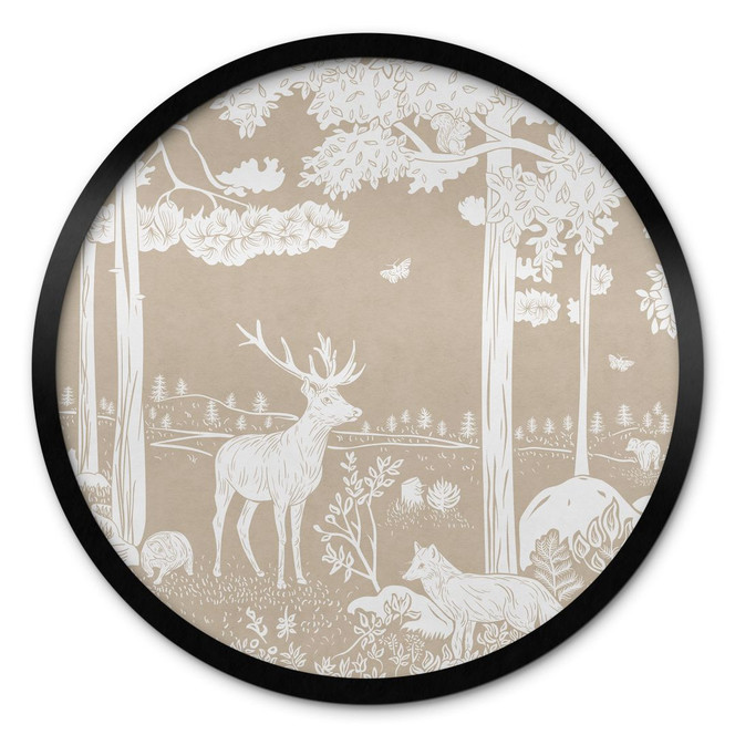 Poster Herbstlicher Wald mit Hirschen und Füchsen - Braun - Kikki Belle - Rund