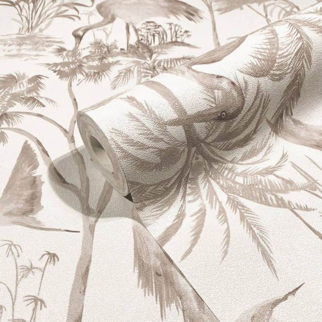 Vliestapete mit Schwänen und Pflanzen weiss, braun Floral