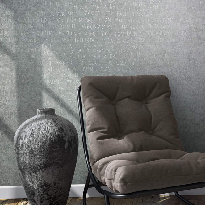 Vliestapete mit Buchstaben und Zahlen grau Grafisch
