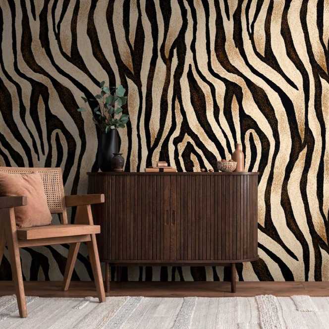 Zebramuster-Fototapete Beige Schwarz - Vliestapete Animal Print - Wandtapete exotisch