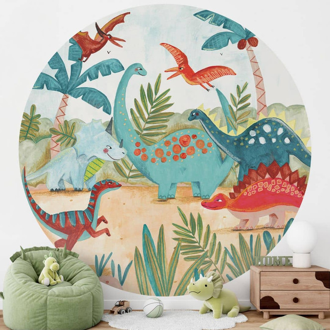 Fototapete für das Kinderzimmer - Farbenfrohe Dinosaurier im Urzeitwald - Bonne Müller - Rund - Selbstklebend/Vlies