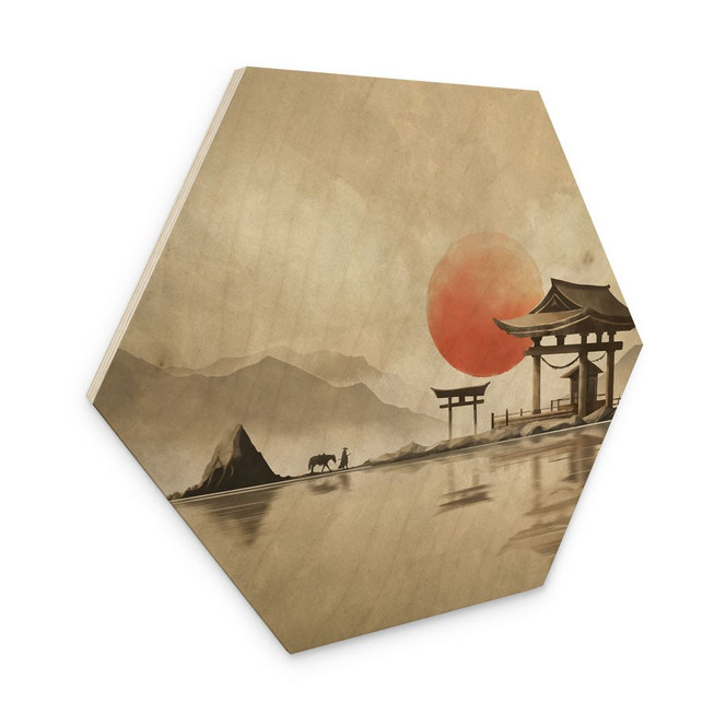 Hexagon Holzbild Japanischer Tempel im Sonnenaufgang - Roze