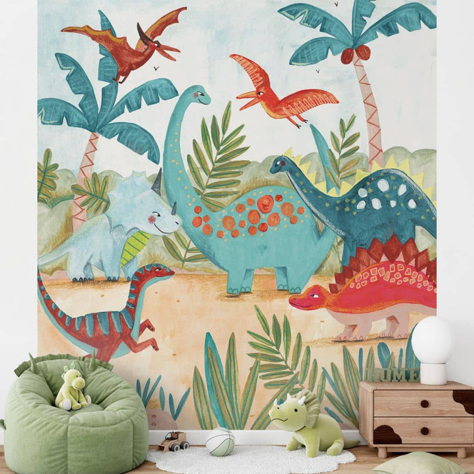 Fototapete Farbenfrohe Dinosaurier im Urzeitwald - Bonne Müller