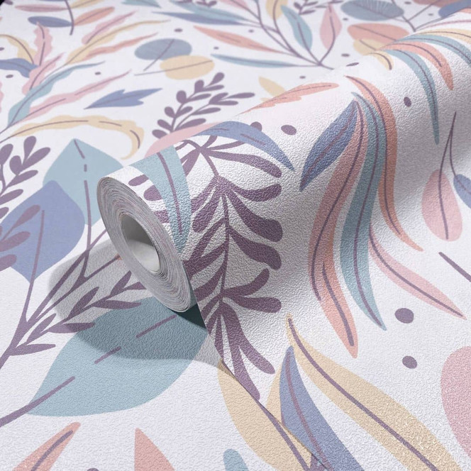 Vliestapete in abstraktem Blattmotiv weiss, bunt Floral