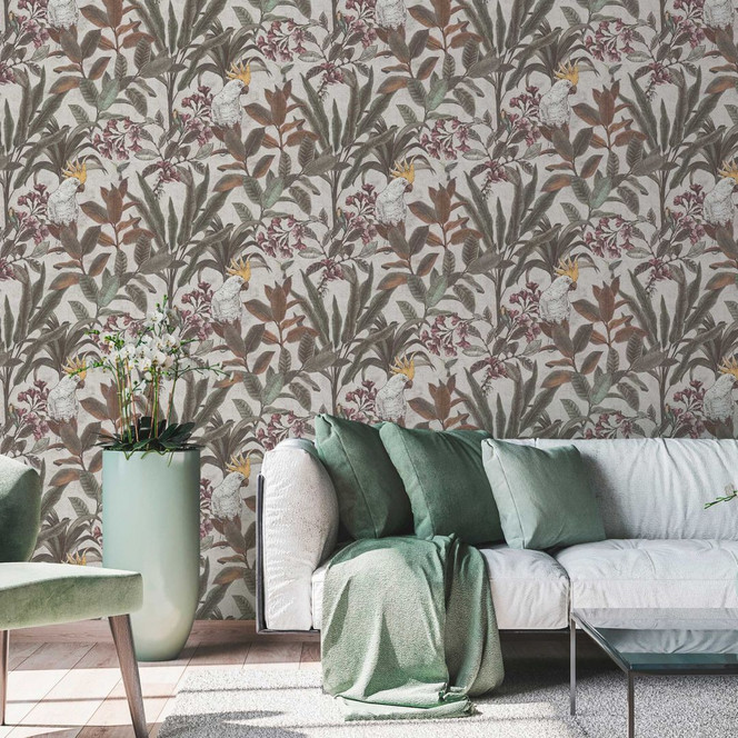Dschungel-Tapete mit Kakadu - Vliestapete Beige Grün Lila - Exotische Mustertapete