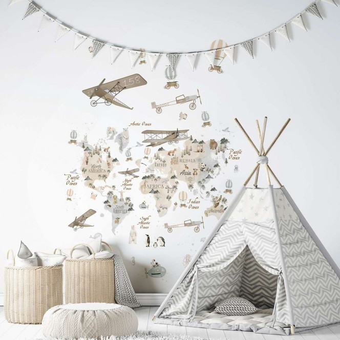 Kindertapete, Vliestapete mit Illustration Kids Walls weiss, beige