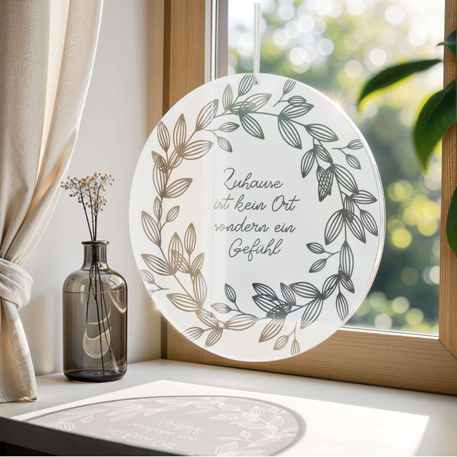 Acrylglasbild, Fensterbild zum Aufhängen Zuhause ist kein Ort sondern ein Gefühl - Rund