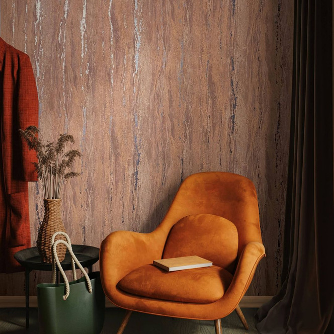 Vliestapete mit glänzender, grober Struktur braun Putzoptik