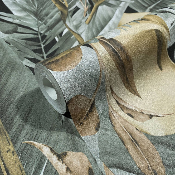 Vliestapete in Blattmotiv mit versteckten Tieren grau, braun Floral