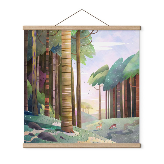 Stoffbild Sonniger Wald mit Hirsch - DigitalArtsi