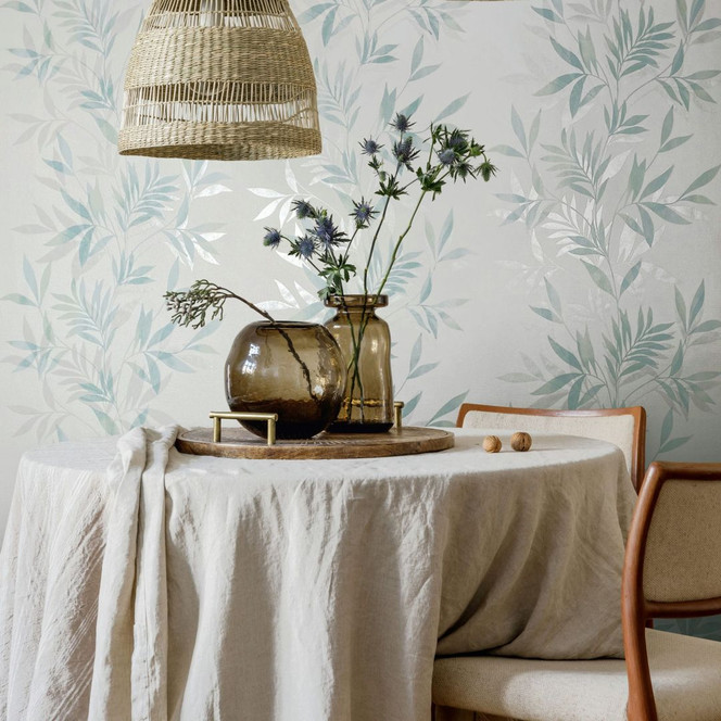 Vliestapete in weiss, grün Blattmotiv Blätteroptik Floral Natur
