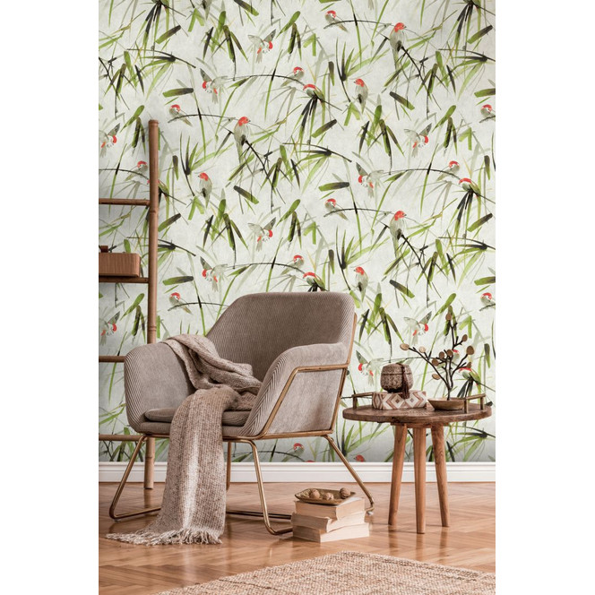 Fototapete Vögl beige grün - Vliestapete Tiere Livingwalls - matt und glatt