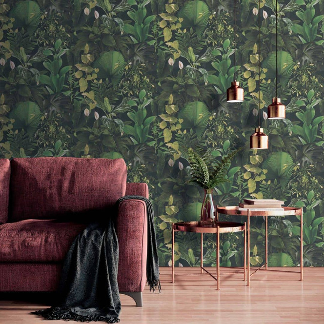 Dschungel-Tapete Grün Schwarz - Vliestapete mit tropischen Blättern - Pflanzen-Tapete