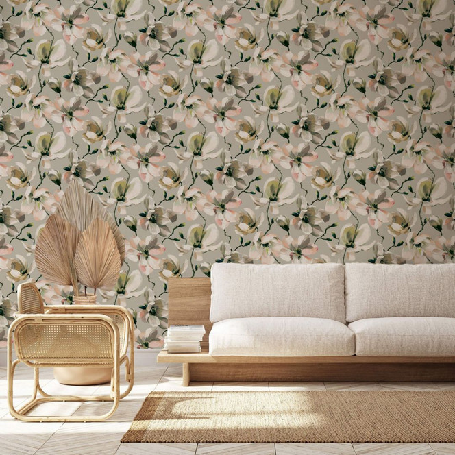 Vliestapete mit Blättern in gemaltem Stil beige, weiss Floral