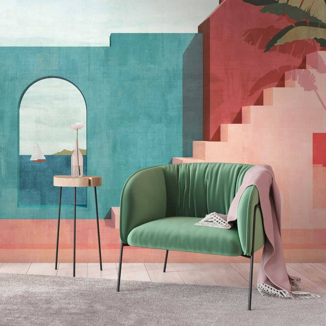 3D-Tapete Mediterran Türkis Rosa - Vliestapete mit Architekturmuster für Wohnzimmer & Flur