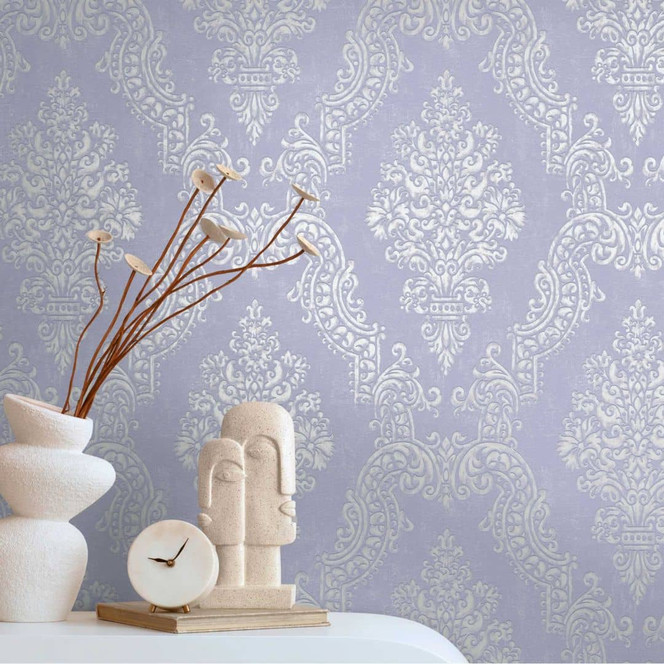 Barock-Tapete Ornament Hellblau Silber – Vliestapete mit Struktur